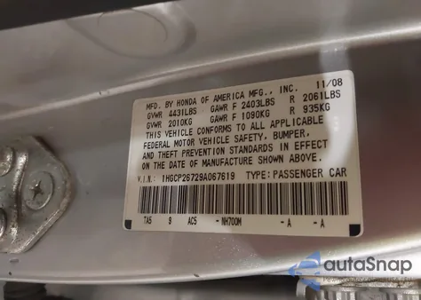 2009 Honda Accord 2.4 Ex из США, поврежденный, VIN 1HGCP26729A067619